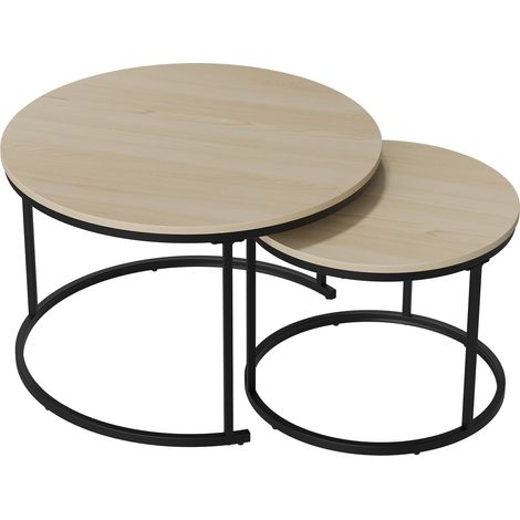 Ensemble de tables gigognes rondes en bois stratifié chêne, métal noir mat, 70 cm et 50 cm – style moderne pour salon (1/5)