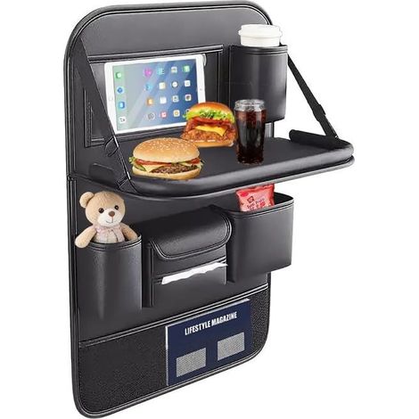 Organiseur de siège arrière de voiture avec plateau pliant, sac de rangement multifonctionnel pour jouets pour enfants, iPad et bouteilles, cuir PU imperméable, organisateur de voiture (noir (1/5)
