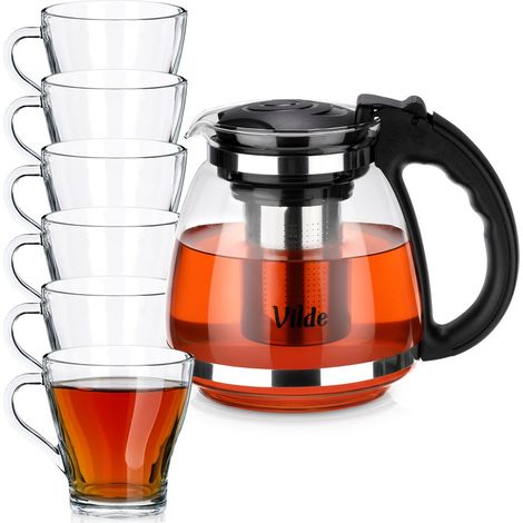 Teiera in vetro resistente al calore con infusore da 1,5 l + bicchieri da 250 ml (6 pezzi). (1/5)