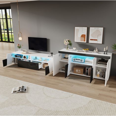 Mobile TV 180x38.5x45 cm, con LED, finitura lucida frontale, pannelli truciolari MDF e vetro, bianco e nero (1/5)