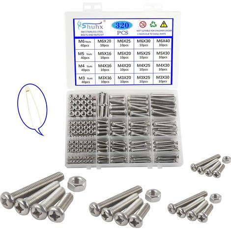 320PCS M3 M4 M5 M6 Boulons et écrous en Acier Inoxydable 304 Croix Tête Pan Mécanique Boulon Vis a Tete Ronde Vis et d'écrous à Tête Cylindrique et Fixations Vis à Métaux Assortiment Kit (1/5)
