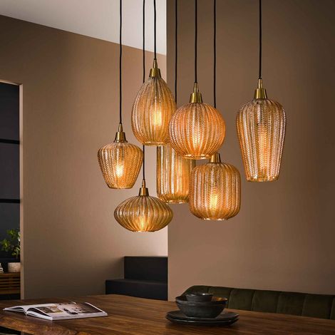 Suspension chic en verre ambré et doré 7 lampes ERNA