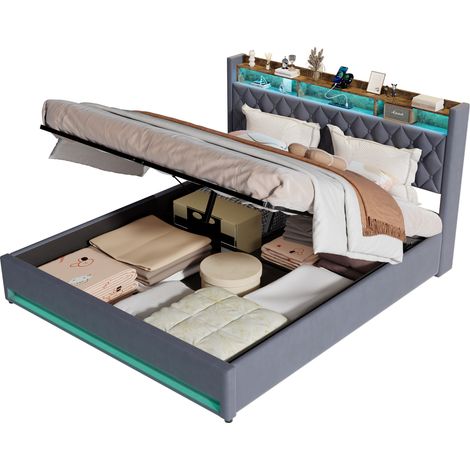 Bett 180x200 cm Gepolstert Multifunktional mit USB und LED, Breite Lattenroststruktur, Stauraum unter dem Bett, Grauer Samt - Modernes Design