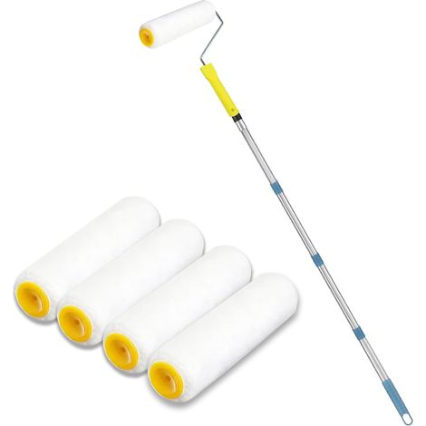 Kit Rouleau à Peinture 4 Pièces avec Manche Télescopique 115 cm - Rouleaux Microfibre pour Murs, Plafonds, Portes (1/5)