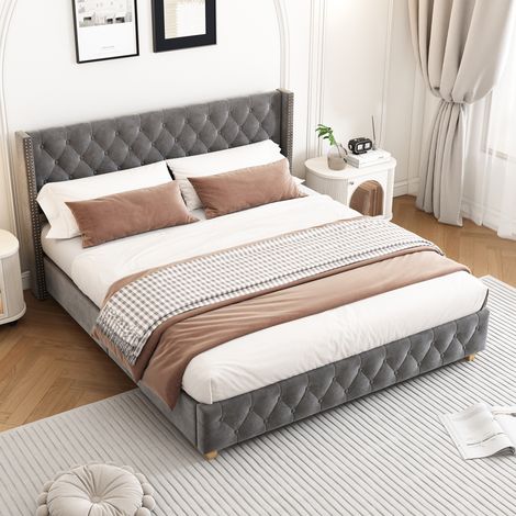 Letto matrimoniale 180x200 cm, con testata in bottoni e borchie decorative, rete a doghe in legno, struttura in metallo, stile classico, letto capitonné - Grigio (1/5)