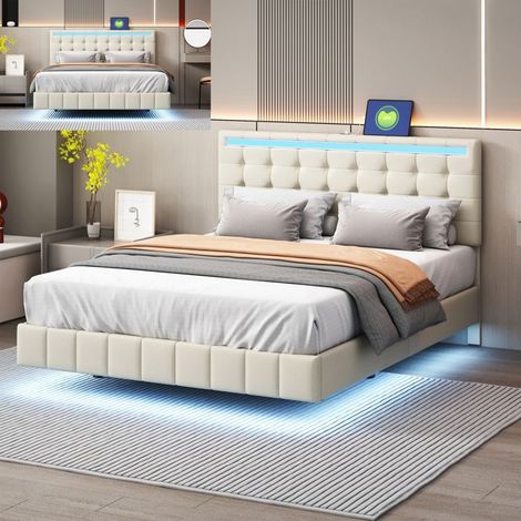 Doppelbett 140x200 cm - NMONET - Schwebend - Integrierte LED - Höhenverstellbares Kopfteil - USB