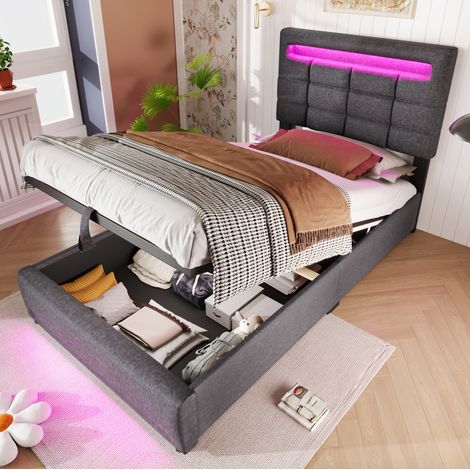 Cama tapizada moderna 90x200 cm gris de lino con cabecero, LED 16 colores por APP, almacenaje hidráulico y USB (1/5)