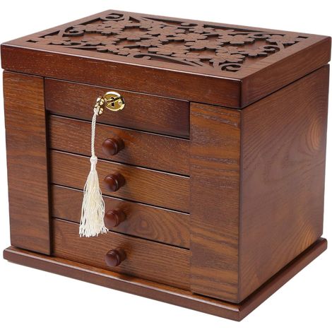 Boîte à bijoux en bois pour femme - Boîte de rangement en bois massif avec serrure à combinaison pour bijoux, montres, colliers, bagues (marron foncé) (1/5)
