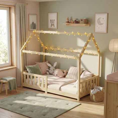 Hausbett Kinderbett Kiefer massiv 80x160 cm Natur mit Lattenrost (1/5)