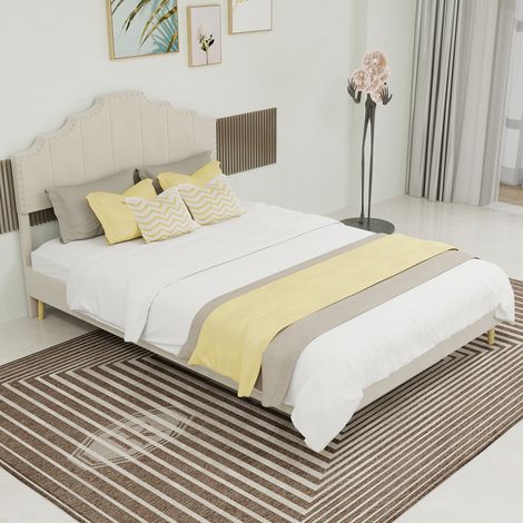 REDOM Lit coffre 140x200 cm Tête capitonnée géométrique tissu et métal beige (Sans matelas) (1/5)