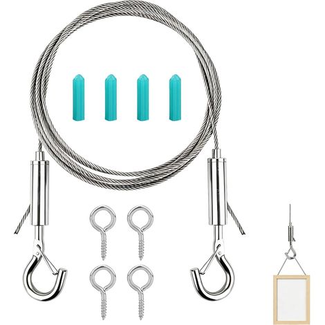Complete Stainless Steel Wire Cable Kit, 5 m Length with Adjustable Hook in 2 mm for Multi Functional Use: Hanging Shower Curtains, Laundry, Climbing Plants, Tents and More (1/5)
