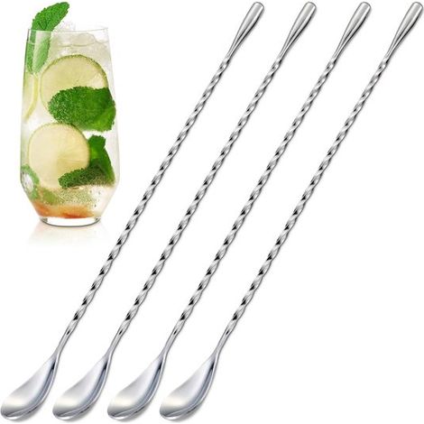 4 Barlöffel 30 cm lange Cocktailrührer aus Edelstahl mit gedrehtem Griff für tiefe Gläser (1/5)