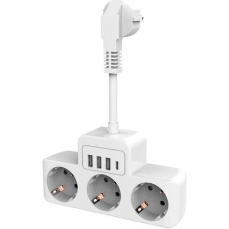 Multiprise murale 4 prises 16A/4000W – 3 ports USB 5V/3,4A – Câble court 0,1m – Interrupteurs indépendants pour contrôle individuel