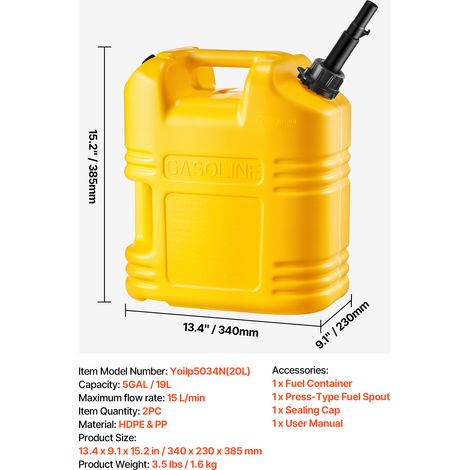 VEVOR Fuel Container, 19 L, Gas Tank with Spout & Clear Scale, 15 L/min Max Flow Rate, Secure & Leak-proof, Portable Flat Fluid Container for Most Cars Motorcycle SUV ATV UTV, Yellow, 2 Packs (1/4)
