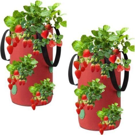 (20 x 35 cm)(rouge)Lot de 2 sacs de culture pour fraises à suspendre en tissu non tissé avec 12 trous, sacs de culture pour fraises, herbes, fleurs (1/4)
