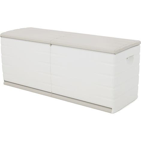 Pegane – Coffre de jardin 450L en résine beige – Longueur 153 cm x Profondeur 53 cm x Hauteur 61 cm – Sur roulettes pour intérieur/extérieur