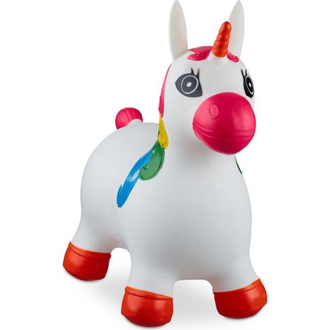Relaxdays Unicorno Gonfiabile per Bambini, Gioco Animale Saltellante, Fino a 50 kg, Senza BPA, Pompa Manuale, Bianco (1/5)