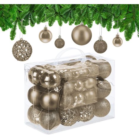 Relaxdays Set 50 Bolas Navidad, Decoración Navideña Mate, Brillante, Reluciente, Adorno Árbol, 3 Tamaños, Champán