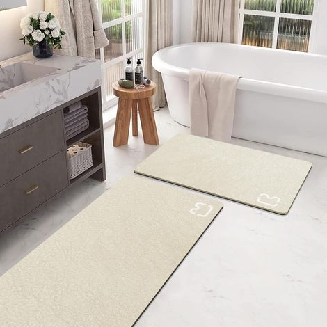Set di 2 tappetini da bagno, in pietra diatomite, ad asciugatura rapida, antiscivolo, beige, 40 x 120 cm e 40 x 60 cm, per il bagno. (1/5)