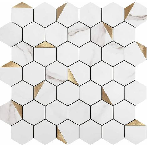 EASYCOMFORT Papier Peint Carrelage Autocollant Motif hexagonal blanc 30 x30 cm Style Mosaïque Sticker Mural Film Décoratif Imperméable pour Carreaux de Mur de Salle de Bains et de Cuisine (1/4)