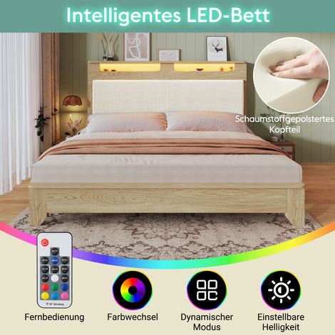 Lit 2 places en bois clair 140x200 cm, sommier à banquette intégrée, tête de lit avec rangements, éclairage LED, dossier capitonné velours côtelé beige, chêne clair, avec matelas inclus (1/5)