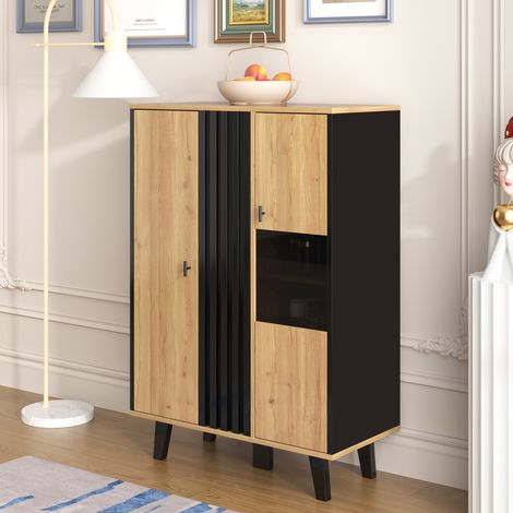 Buffet vitrine verre LED WF313229230S tons noir et bois rayures noires design exclusif (1/5)