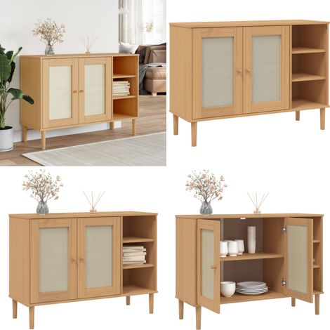 Sideboard SENJA Rattan-Optik Braun 112x40x80 cm Kiefernholz - Holz Sideboard - Wohnzimmermöbel - Regal - Schubladenkommode - Vintage Stil - Home & Living