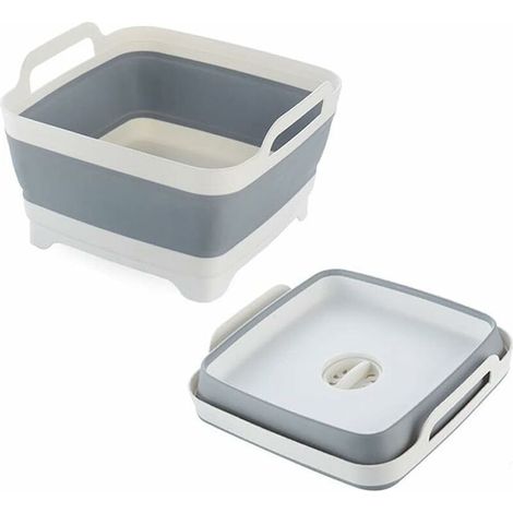 -Bassine Pliable, Lavabo Pliable avec Bouchon de Vidange et Poignées de Transport, Grande Capacité de 9L, évier de Camping-Car pour Légumes, Fruits, Aliments, Lessive (Gris) (1/5)