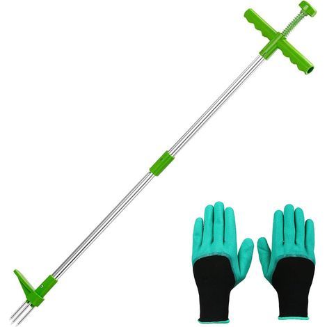 Teleskop-Handunkrautstecher, Gartenunkrautzieher, Vertikal-Unkrautstecher mit 3 rotierenden Edelstahlzinken, selektives Rasenunkrautbekämpfungsmittel, für Disteln, Unkraut usw. (mit Handschuhen) (1/5)