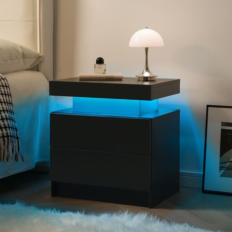 Mesita de noche LED multicolor ajustable, gran espacio de almacenamiento, madera manufacturada, negro (1/5)