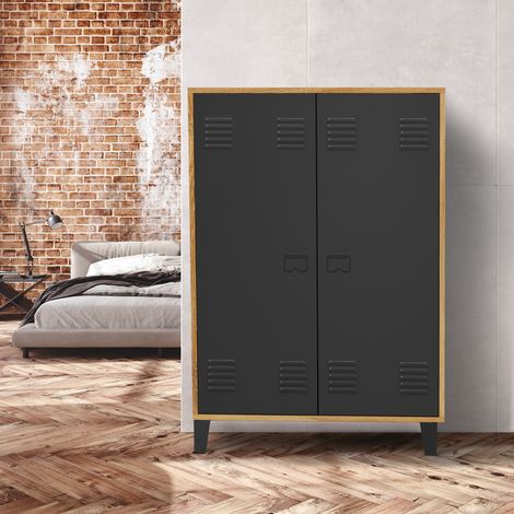 ESTER Mueble de café de 2 puertas de metal negro con marco de madera de diseño industrial (1/5)