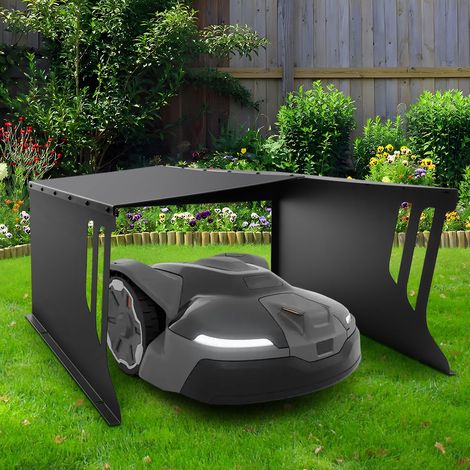 Stahl Mähroboter Garage Dach Carport Überdachung Unterstand für Rasenmäher Rasenroboter, Sonnen- und Regenschutz, Rostfrei, Automower Garten Witterungsbeständig, 78 x 61 x 31 cm, Schwarz