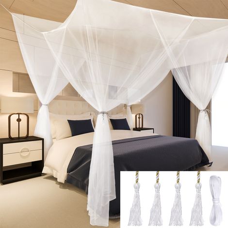 Baldacchino per letto a 4 ante, in poliestere, facile da installare (190×210×240 cm, bianco)