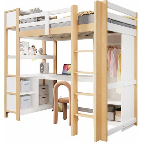 Lit mezzanine 90x200 cm avec bureau, étagères, armoire et rangements, sans matelas, blanc, pour chambre d’enfant et petit espace - CHICFURN (1/5)