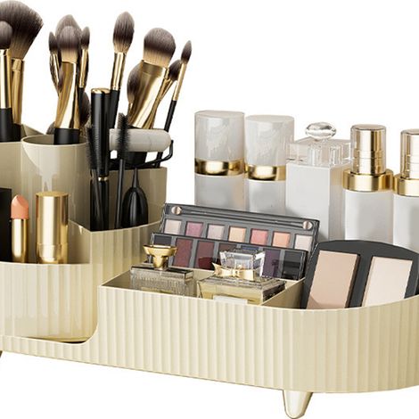 Organisateur de bureau sans perçage pour produits cosmétiques et de soins de la peau, avec compartiments, grande capacité, boîte de rangement rotative pour maquillage, blanc. (1/5)