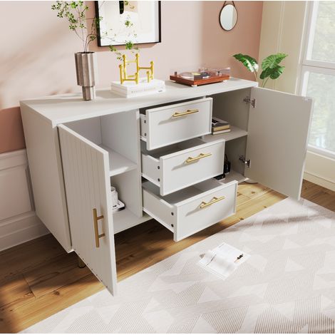 Cómoda 120x40x75 cm blanca en tablero de partículas con 2 puertas, 3 cajones y balda ajustable (1/5)