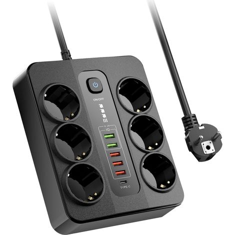 Steckdosenleiste mit 6 Ausgängen, 5 USB-A-Anschlüssen und 1 Typ-C-Anschluss, Steckdose mit Schalter, für Zuhause und Büro, Schwarz (1/5)