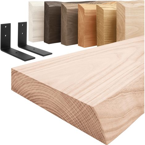 LAMO Manufaktur étagère murale en bois massif, irrégulier, étagère de rangement Basic, bois brut / équerre noire 40cm, LW-01-A-001-40LS