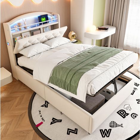 Polsterbett mit Stauraum 90x200 Samt LED USB Beige OKMYHOME (1/5)