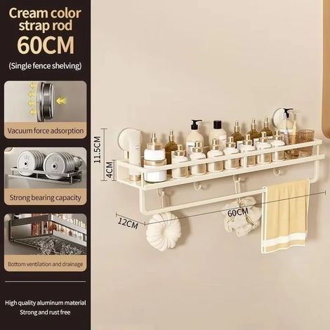 Barre de 60 cm XP Cream (sans perçage) - Support mural de salle de bain à ventouses - Étagère de salle de bain en aluminium - Organisateur mural (1/5)