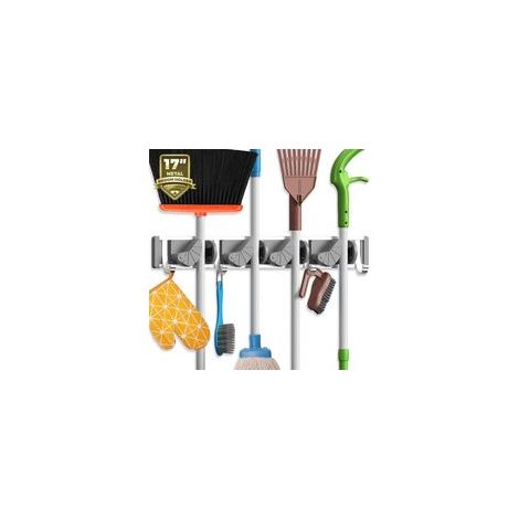 Support mural pour balai et serpillière, organisateur en métal avec 4 positions et 5 crochets pour un rangement efficace dans la cuisine et le jardin.