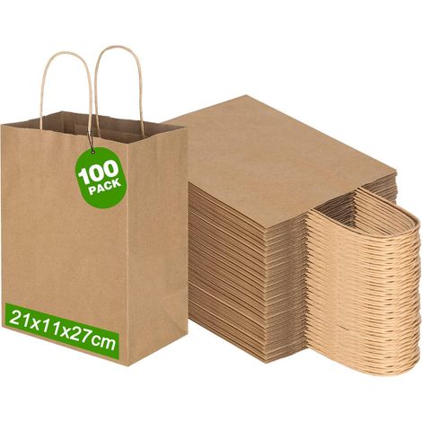 Lot de 100 sacs cadeaux en papier kraft brun avec poignées, 21 x 11 x 27 cm, réutilisables et écologiques, 110 g/m², très résistants. (1/5)