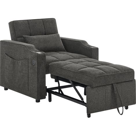 Fauteuil convertible 3-en-1 avec USB/USB-C, porte-gobelet inox, dossier 3 positions et poches latérales, gris foncé – CHICFURN (1/5)