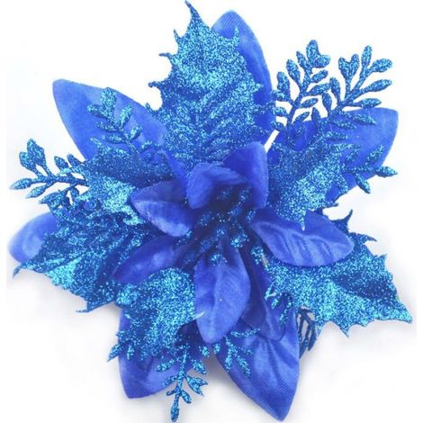 Lot de 12 fleurs artificielles - Poinsettia (Étoiles de Noël) pour décoration de sapin de Noël avec paillettes - 15 cm (bleu) (1/4)