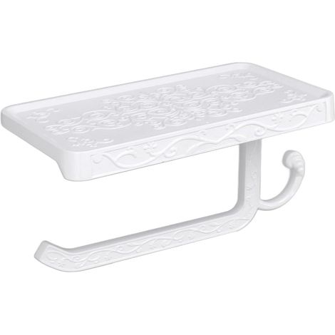 Porte-papier toilette mural 2 en 1 avec perçage, style vintage, avec étagère pour salle de bain (blanc) (1/4)