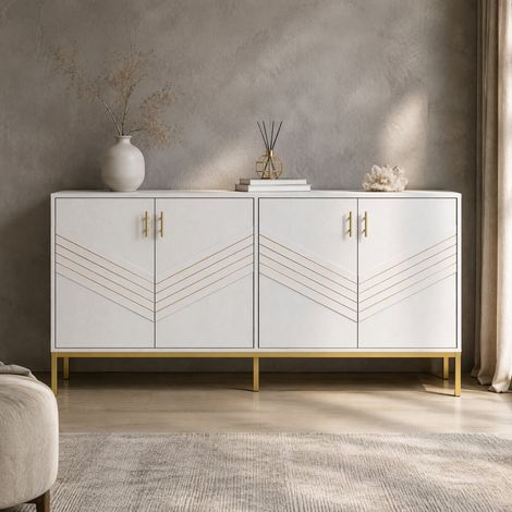 Aparador con 4 puertas (160x40x80.5 cm), 2 estantes regulables, gran capacidad, MDF, blanco y madera (1/5)