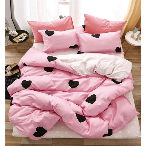 Parure de lit élégante pour 2 personnes, en coton fin, 6 pièces : drap-housse 180x200 cm, housse de couette 200x230 cm, 2 taies d’oreiller 70x70 cm et 2 taies d’oreiller 55x75 cm, motif cœurs, rose cl (1/5)