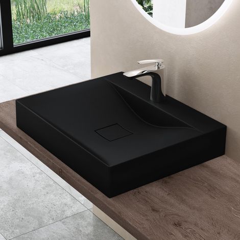 doporro Lavabo da Appoggio o Sospeso Rettangolare Lavandino Bagno con Foro per Rubinetto e Montaggio a Parete, 60x48x12 cm in Marmoresina Nero Opaco - Colossum810