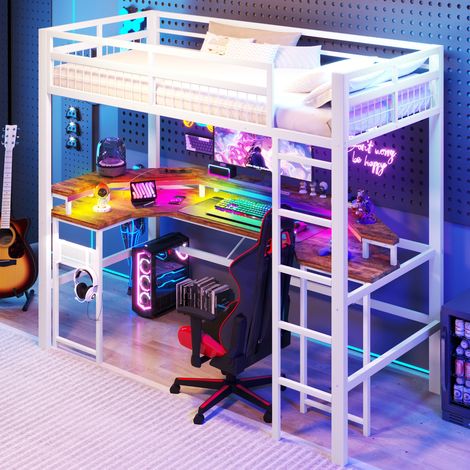 lit adulte bureau LED rangement 90x200 métal blanc loft OKMYHOME (1/5)