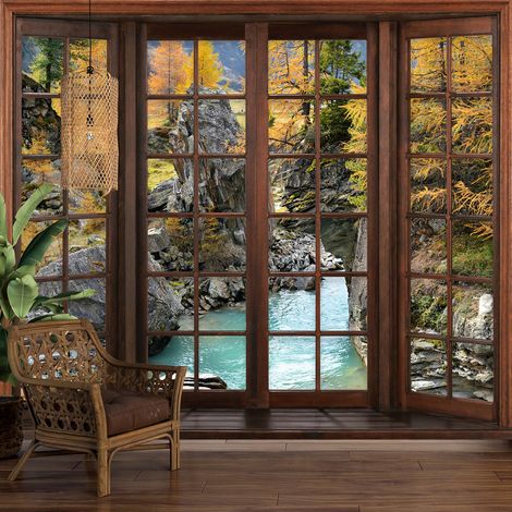 Papier peint panoramique Trompe l'oeil Fenêtre en bois - Rivière - 195 cm x 156 cm (1/5)